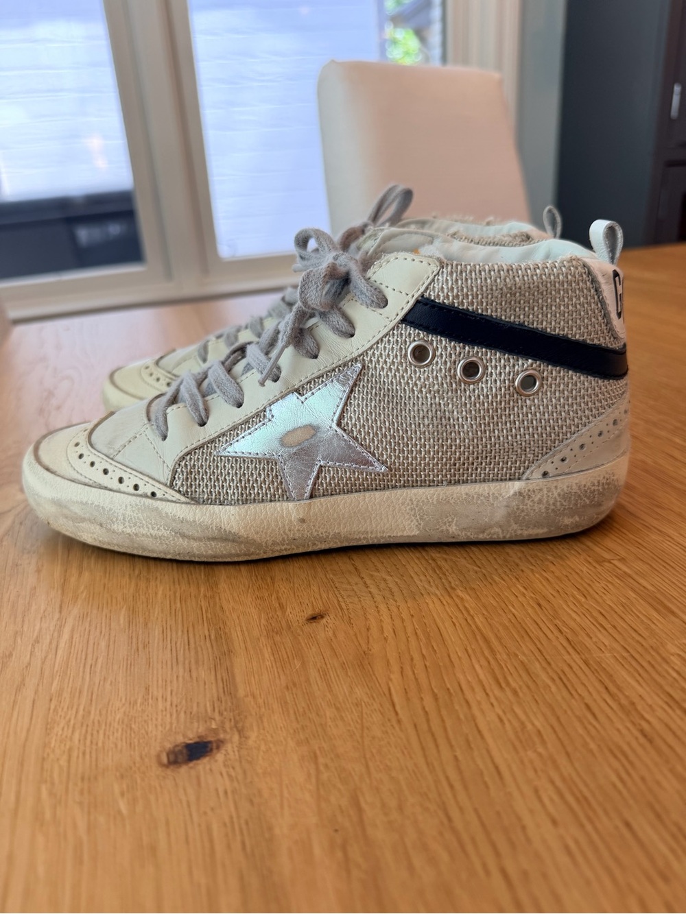 Golden Goose Cream Mesh and Black Leather Mid Star Sneakers with Silver Star - Picture 7 of 11